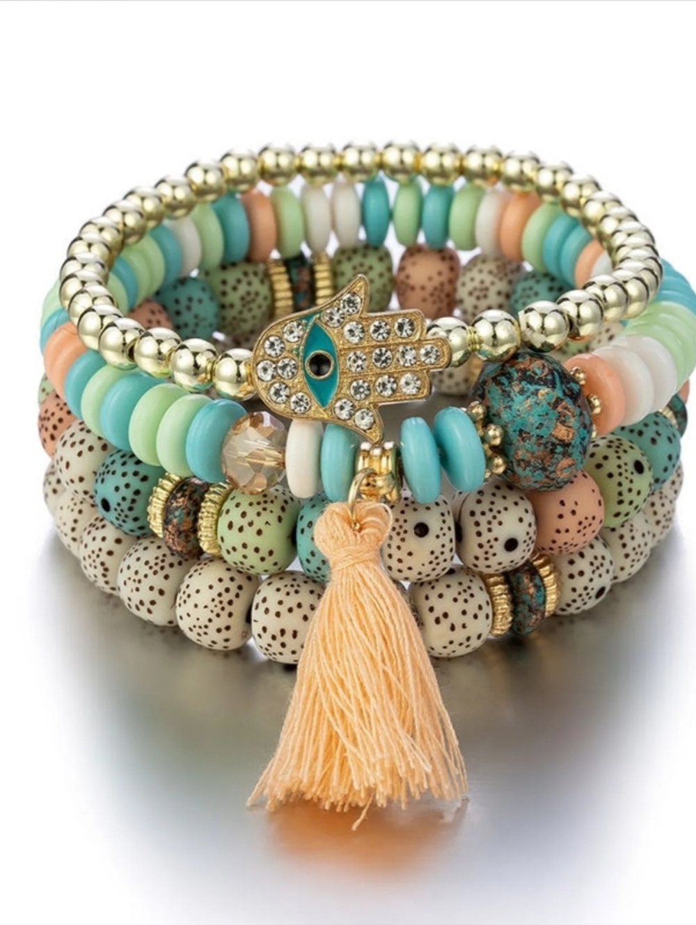 Hamsa Hand Evil Eye Layered Beaded Bracelet Pastel Tassel